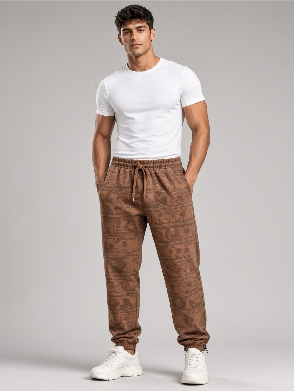 Men's Brown Graphic Jogger Pants - Casual Drawstring Sweatpants
